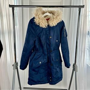 Tory Burch Down Wool Lined Coat, Sz 2, blue & gold buttons, faux fur collar